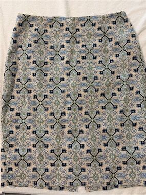 The Limited Beige Cream Geometric Patterned Skirt with Blue and Green Accents